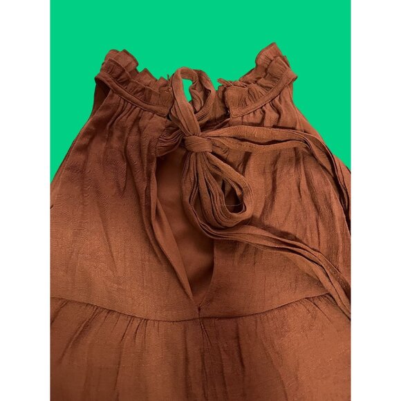 Tiered Rust Sleeveless Maxi Dress With Tie Back & Ruffled Neckline - Picture 3 of 7